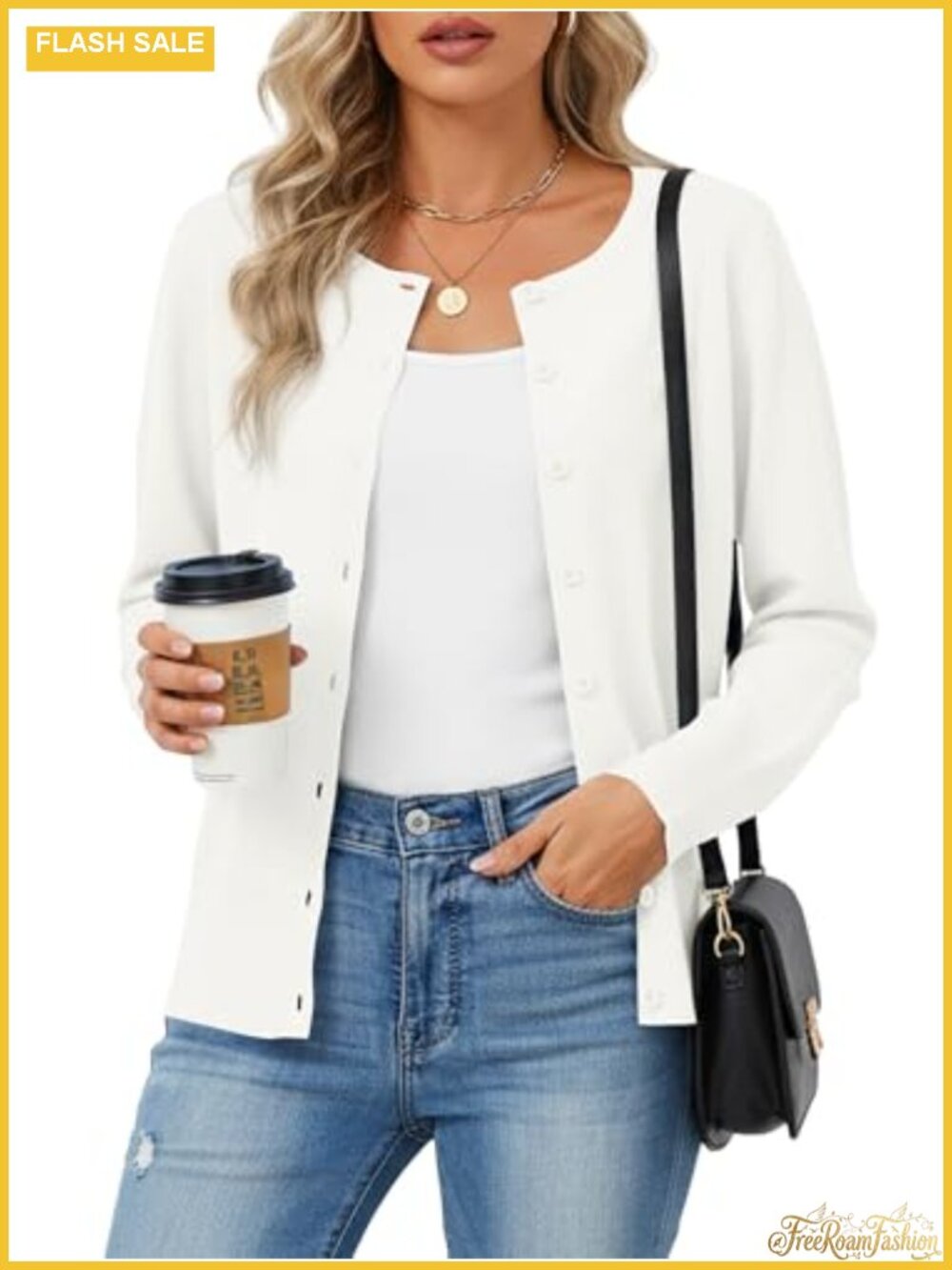 Lightweight Button Front Crewneck Cardigan Sweater Long Sleeve Knit